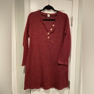 Hemish USA Size M Burgundy Ribbed Knit Long Sleeve Henley Mini Dress Wood Button